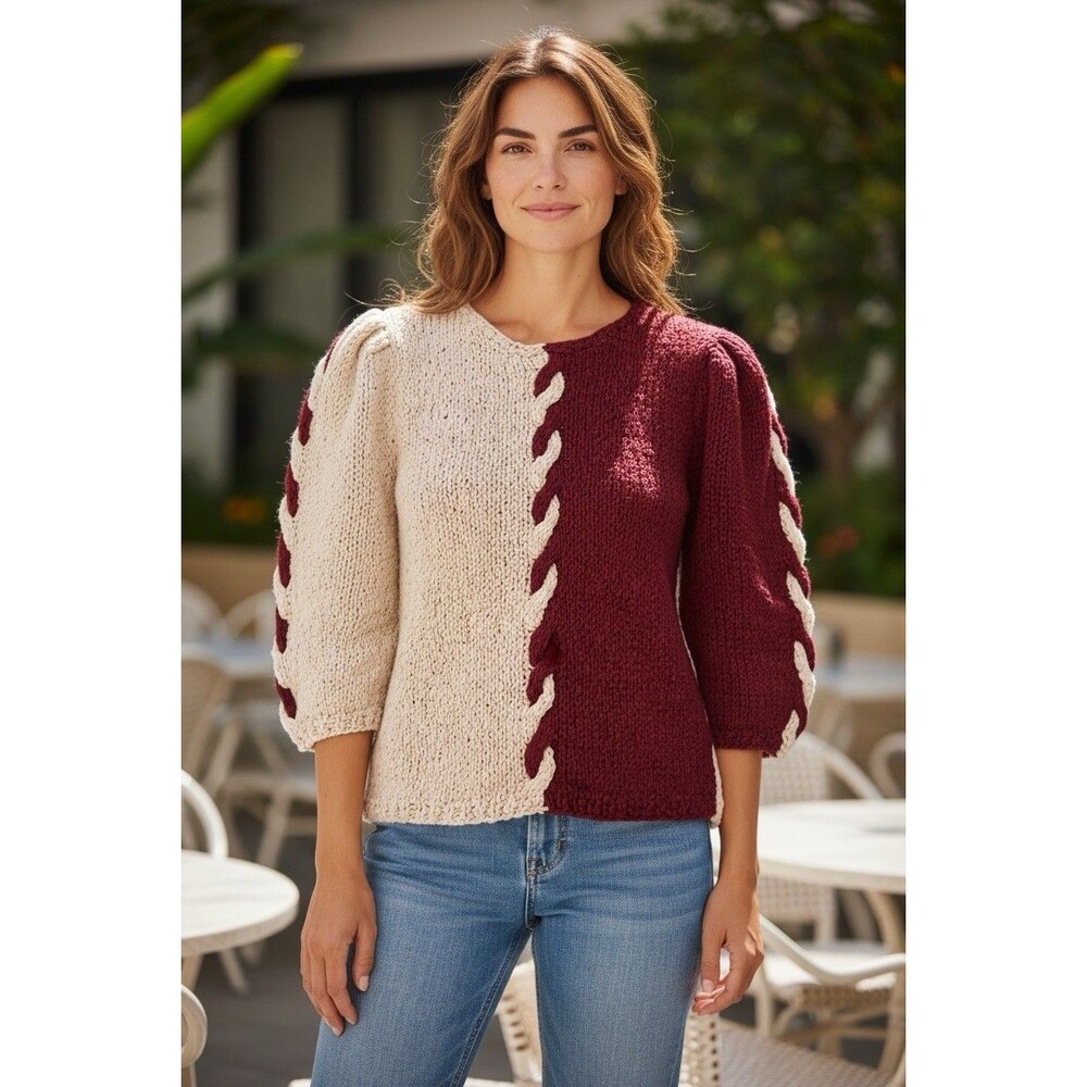 Vintage Sweater Blouse Abstract Burgundy-beige Puffy Shoulder Crochet Handmade